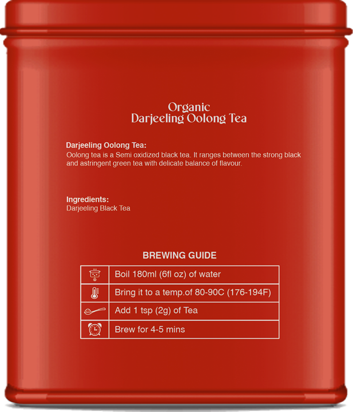Rear side of oolong tea tin displaying ingredients and storage instructions