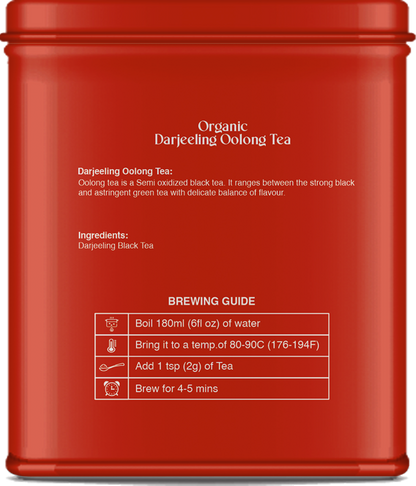Rear side of oolong tea tin displaying ingredients and storage instructions