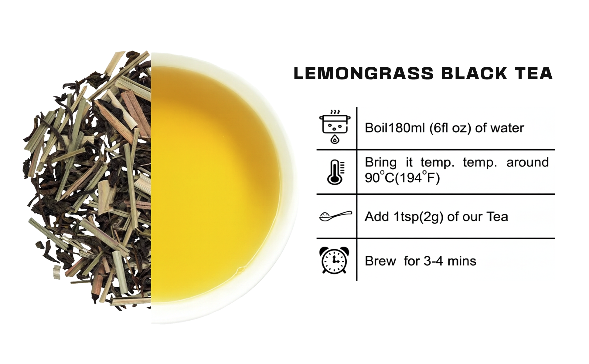 Darjeeling Lemongrass Black Tea back label with ingredients and brewing guide.