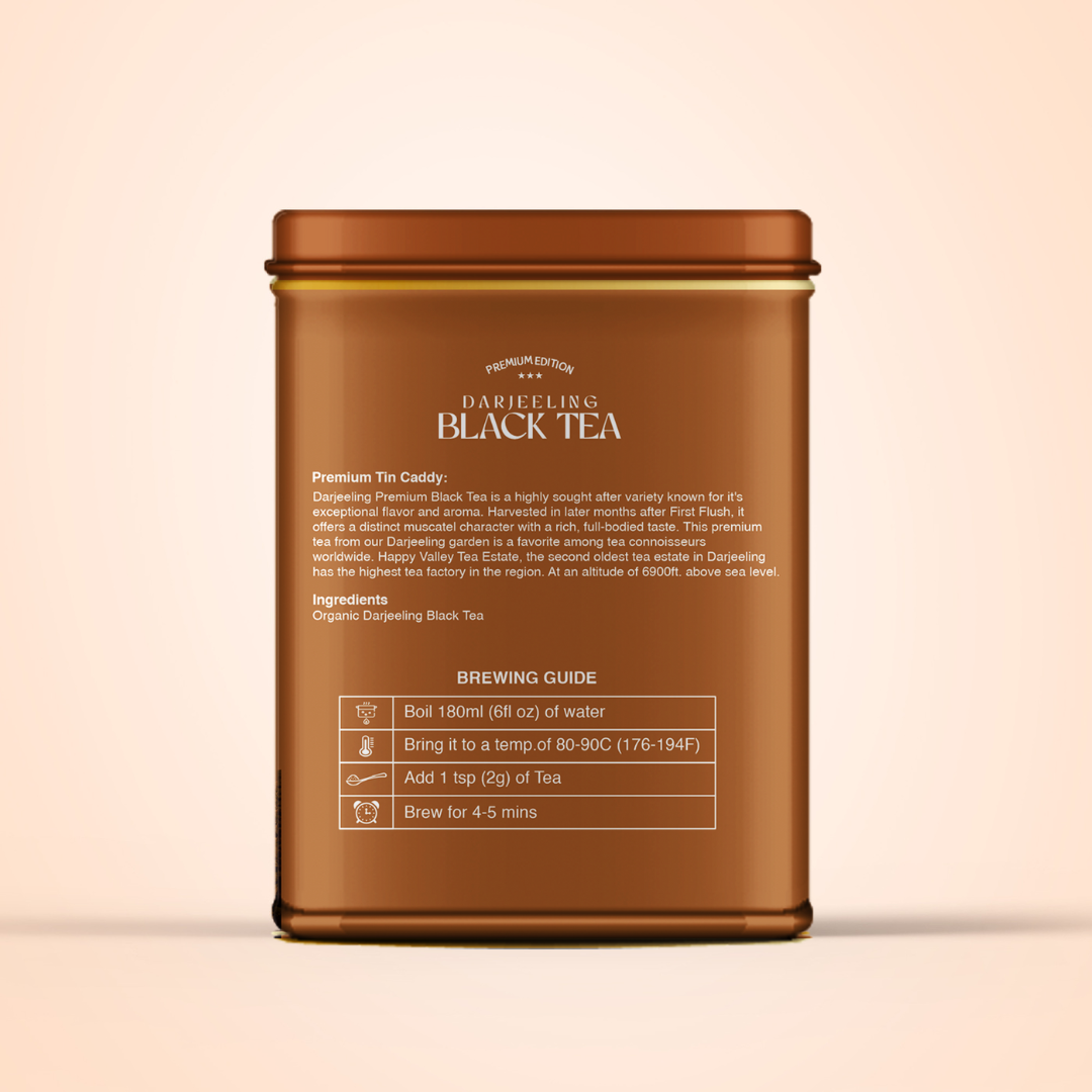 Rear panel of premium vintage Darjeeling tea tin with product details