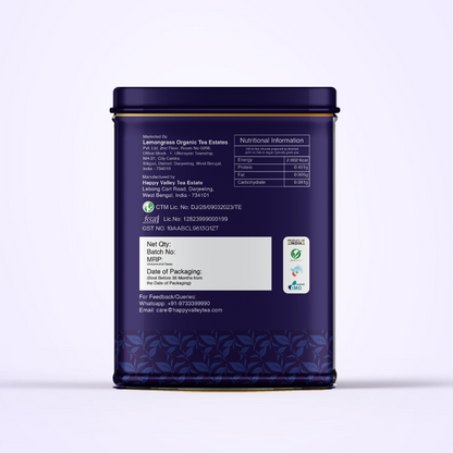 Rear view of Darjeeling first flush black tea tin showing product information.