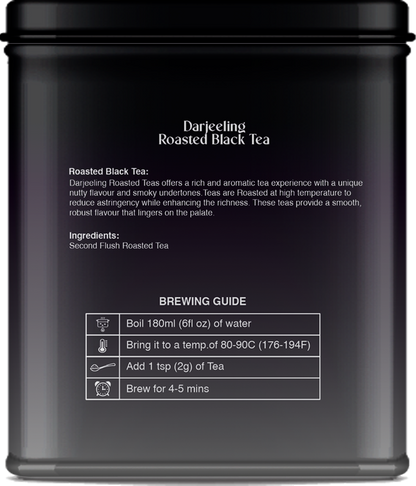 Rear view of roasted black tea tin showing ingredients and storage details.