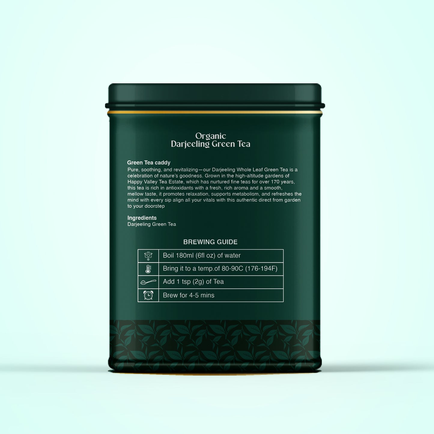 Happy Valley green tea tin back label with ingredients and brewing guide.
