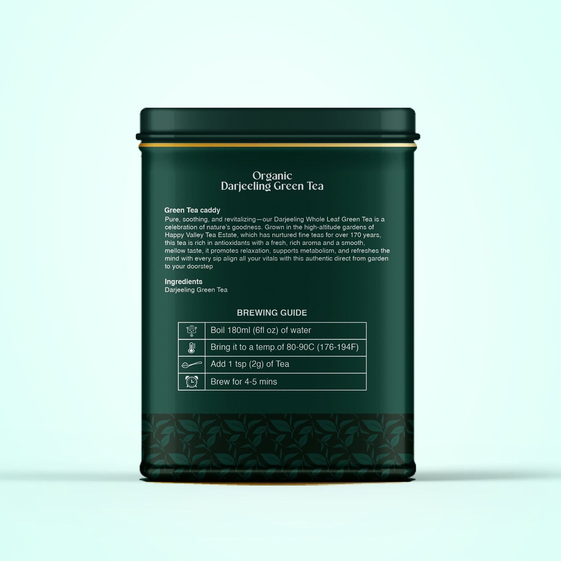 Happy Valley green tea tin back label with ingredients and brewing guide.