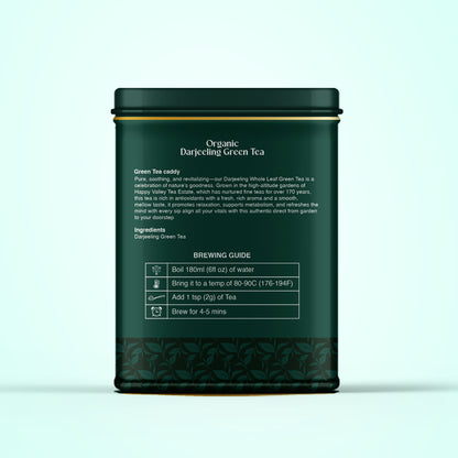 Happy Valley green tea tin back label with ingredients and brewing guide.