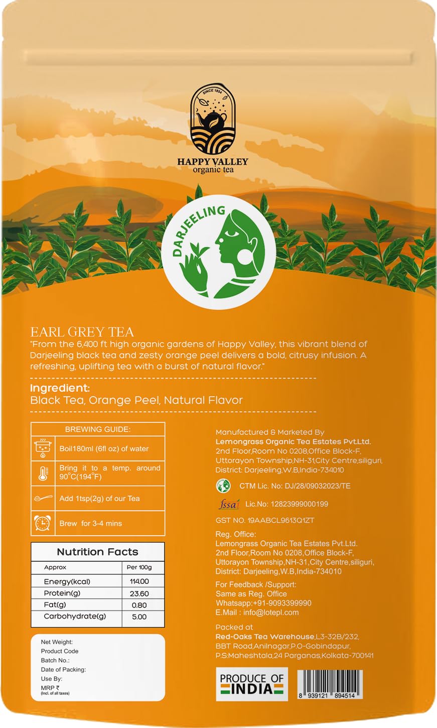 Back label of Earl Grey orange tea pouch showing ingredients and details.