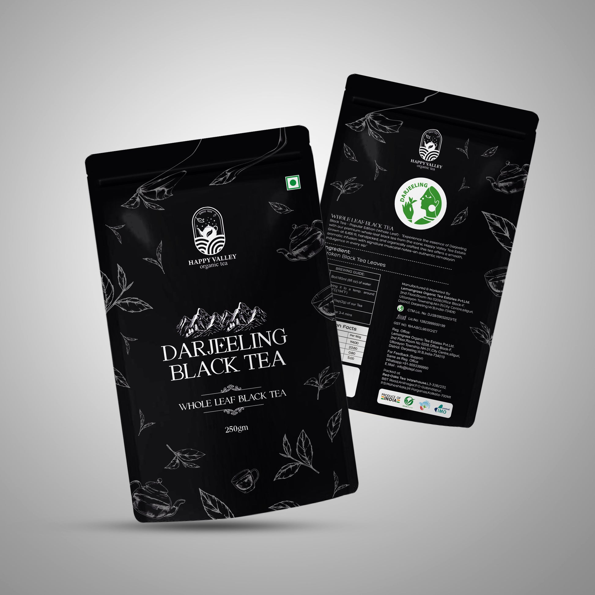 Happy Valley Darjeeling Black Tea packaging front and back view whole leaf black tea 250g