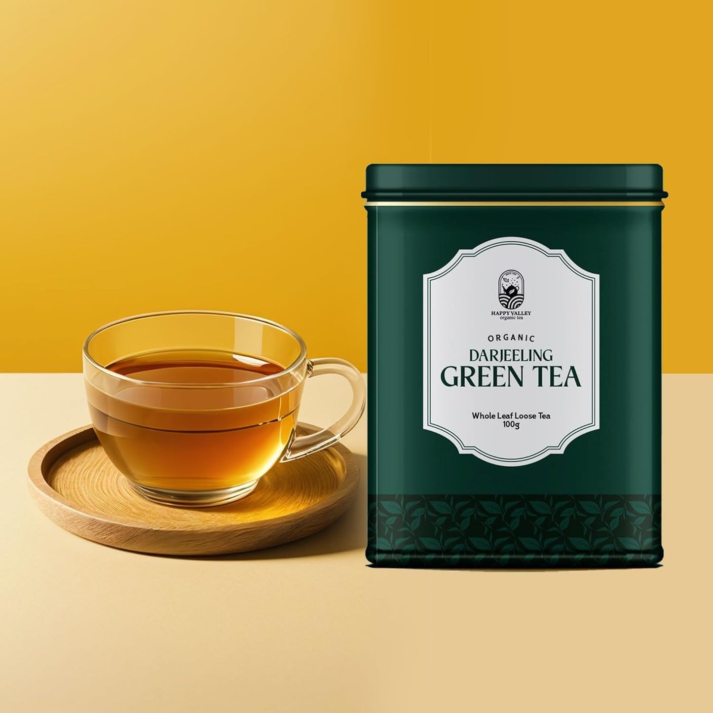 Happy Valley premium green tea tin front label close-up.
