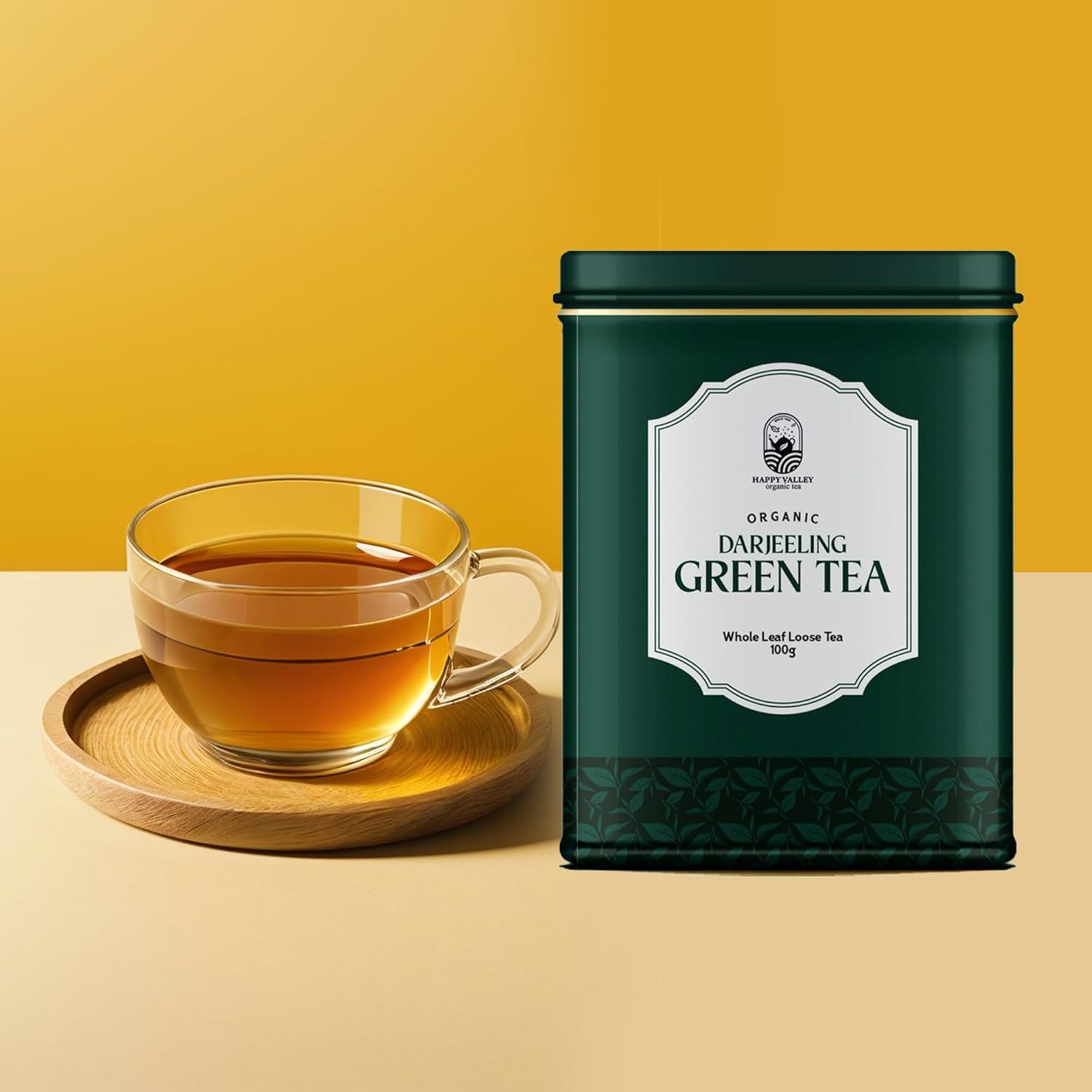 Happy Valley premium green tea tin front label close-up.