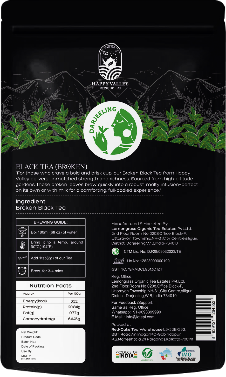 Black broken tea package with a brewing guide 