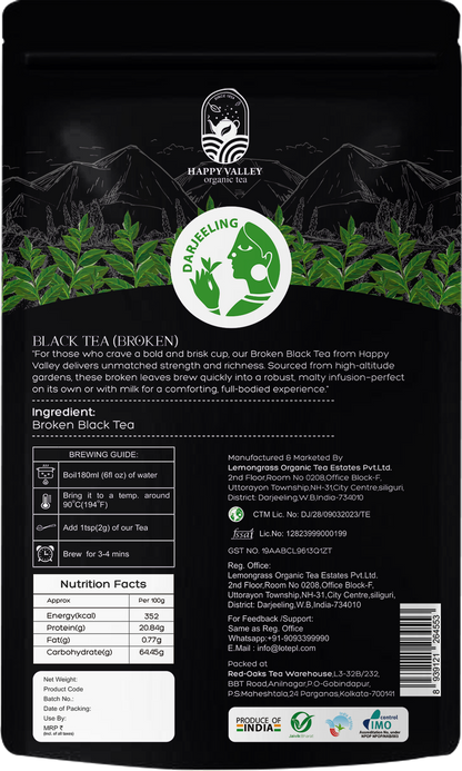 Black broken tea package with a brewing guide 