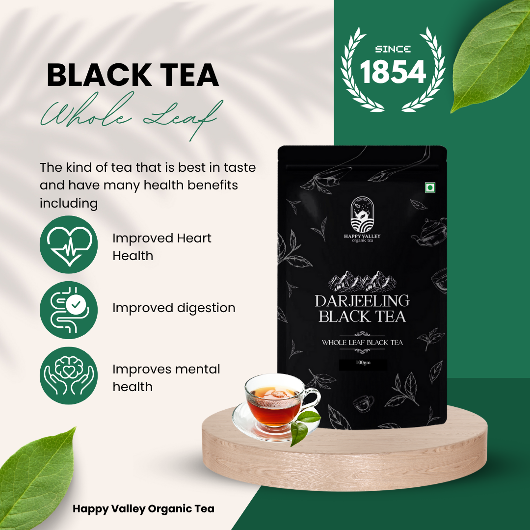 Happy Valley Darjeeling Black Tea whole leaf black tea pouch with cup of tea and health benefit highlights.