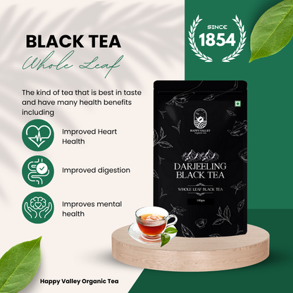 Happy Valley Darjeeling Black Tea whole leaf black tea pouch with cup of tea and health benefit highlights.