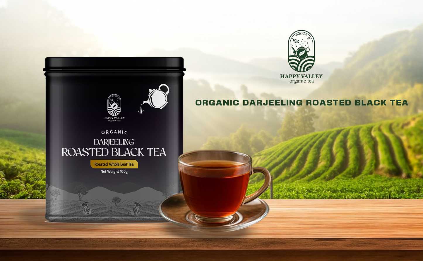 Organic roasted black tea cup placed beside tin in warm setting.