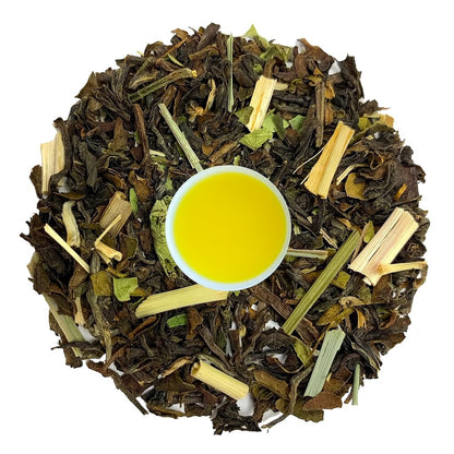 Loose leaf Darjeeling black tea blended with lemongrass pieces.