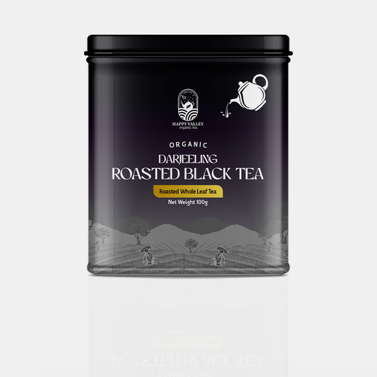 Happy Valley organic Darjeeling roasted black tea in premium airtight tin.