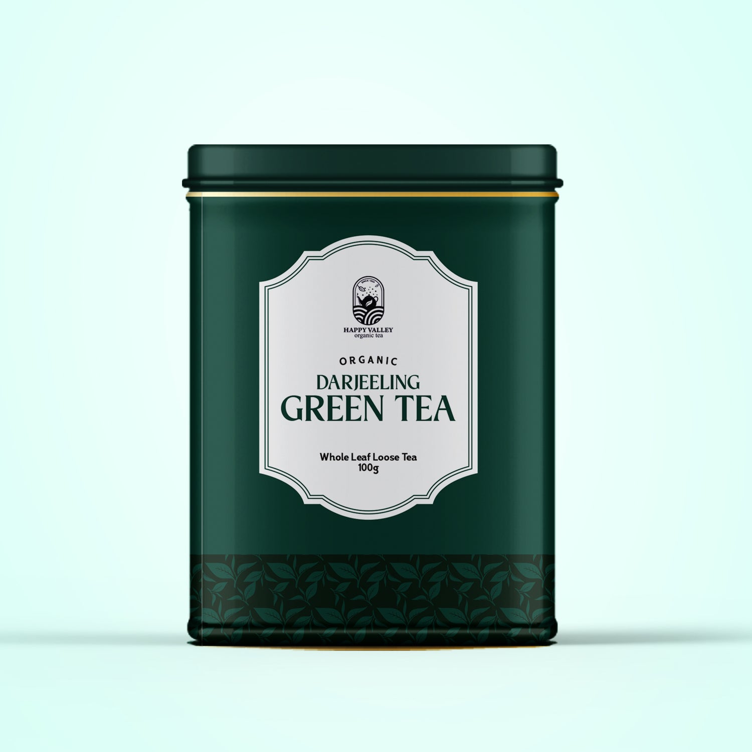 Happy Valley premium green tea whole leaf tea in metal tin packaging.