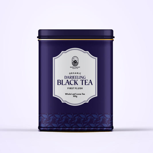 Happy Valley organic Darjeeling first flush black tea in premium metal tin.