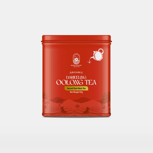 Happy Valley organic Darjeeling oolong tea packed in premium red metal tin.