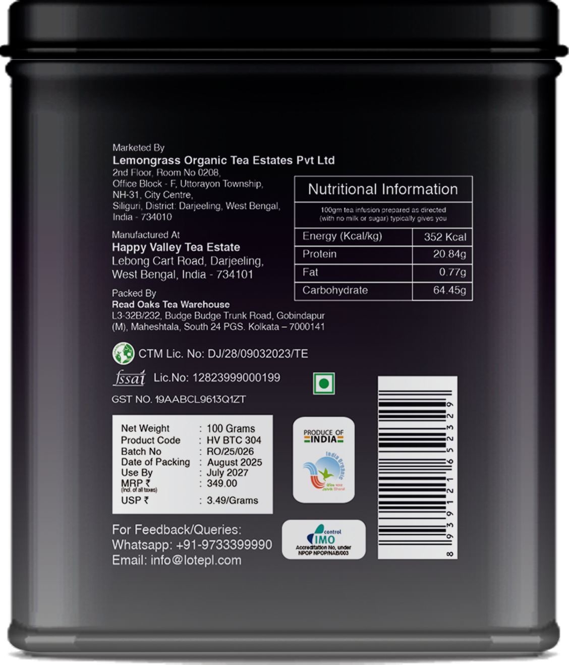 Back label of organic roasted black tea tin with nutrition facts and barcode