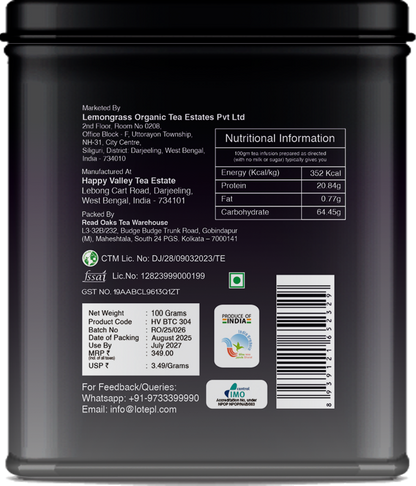 Back label of organic roasted black tea tin with nutrition facts and barcode