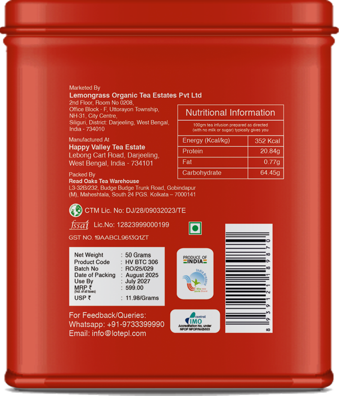 Oolong tea tin back panel with nutrition facts and product barcode