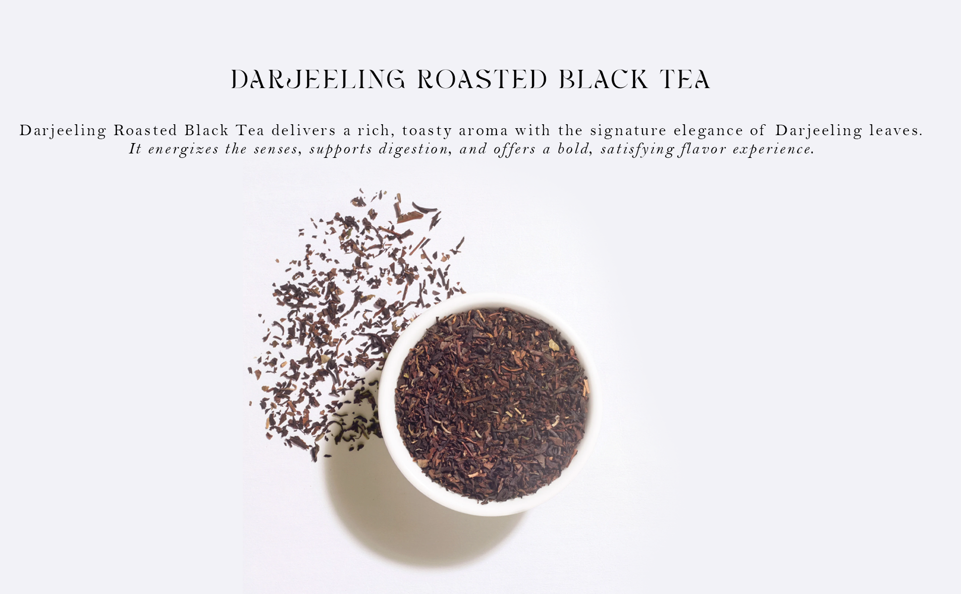 Close-up of organic roasted Darjeeling black tea loose leaves.