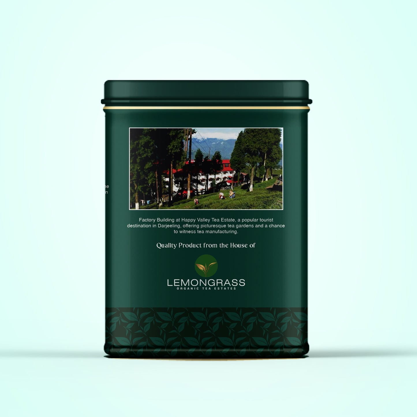 Happy Valley green tea metal tin side view packaging.
