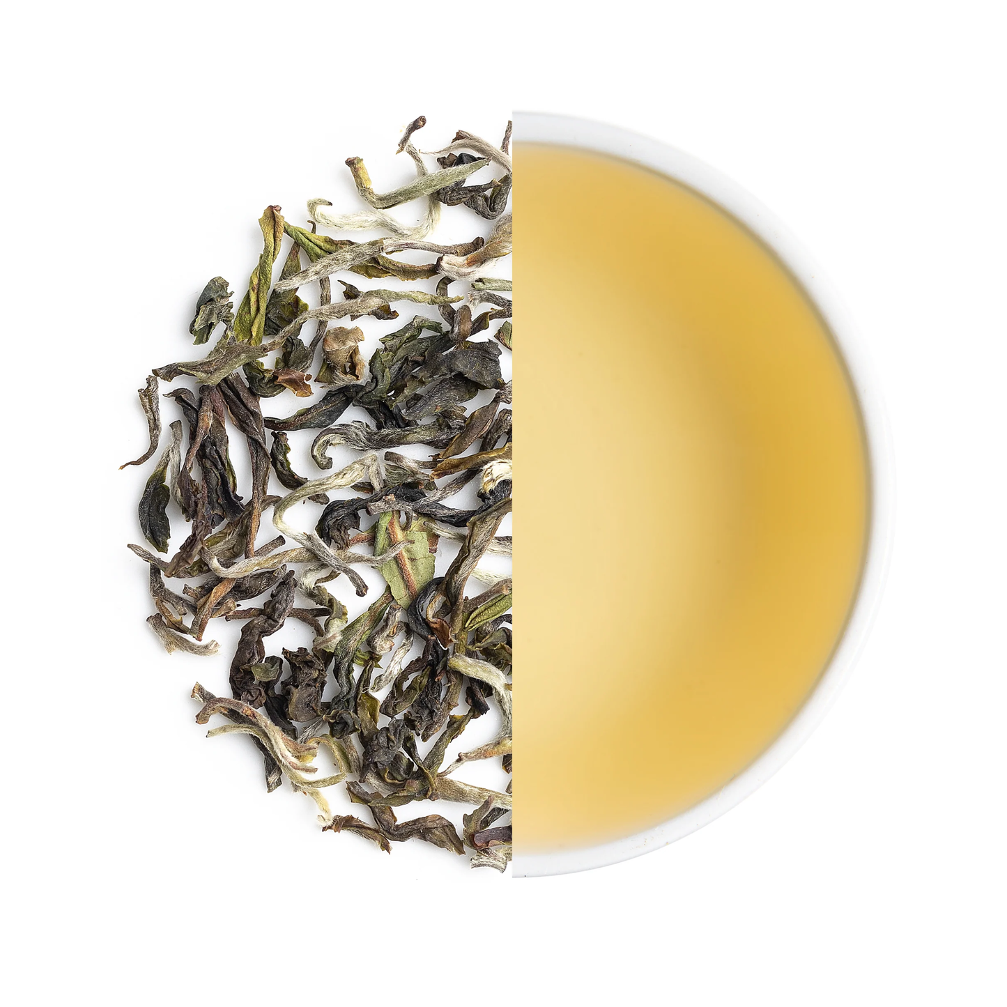 Tea leaves on one side and brewed tea 