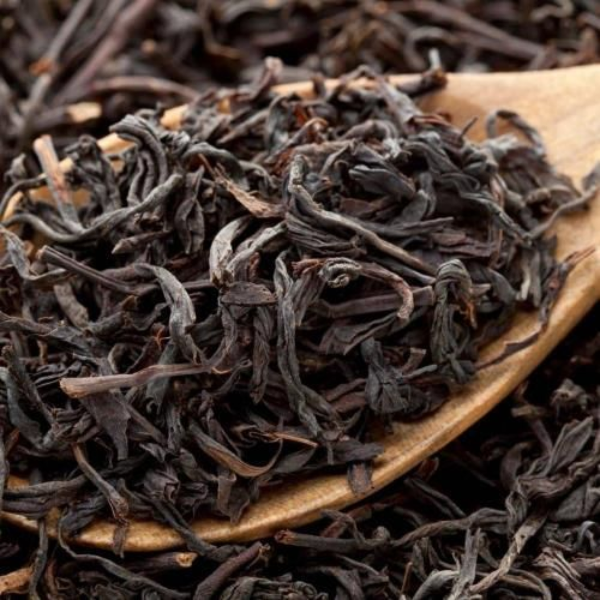 Wooden spoon with black tea leaves on a background of more tea leaves