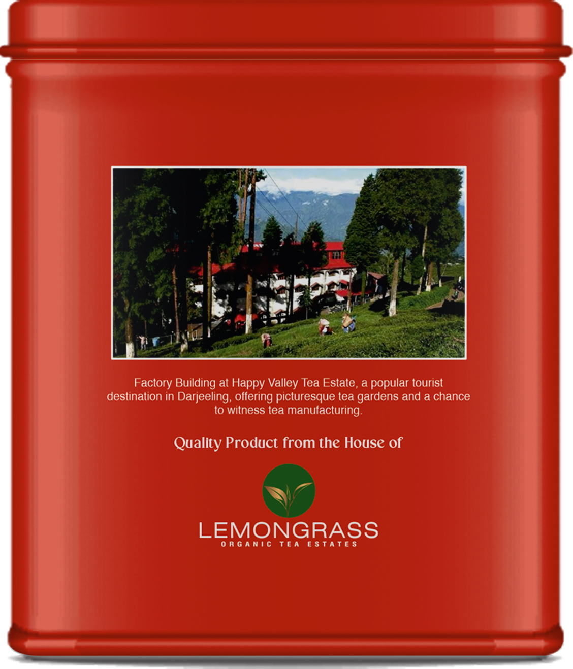 Organic Darjeeling oolong tea tin showing plantation image on label